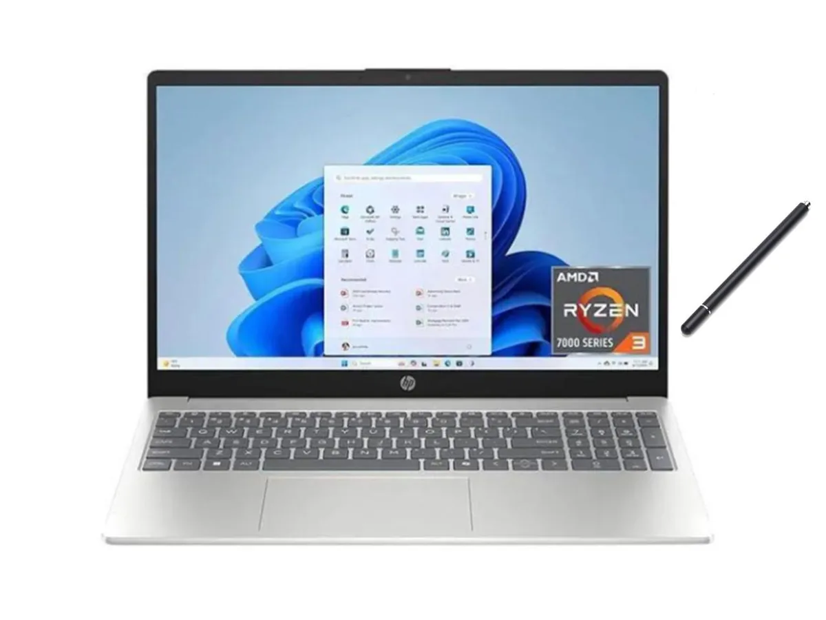 Silver 15.6 inch HP laptop with touchscreen display and standard clamshell form factor