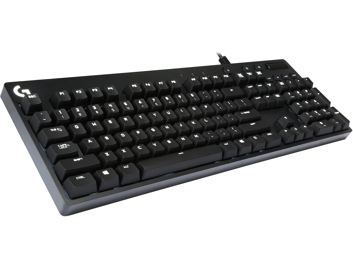 Black full-size mechanical gaming keyboard with white backlit keys and media controls
