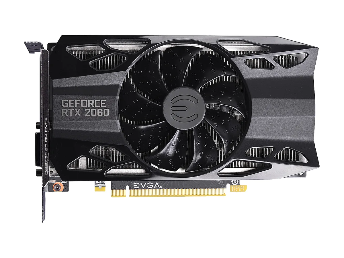 EVGA GeForce RTX 2060 graphics card with single HDB fan, matte black shroud and metal backplate