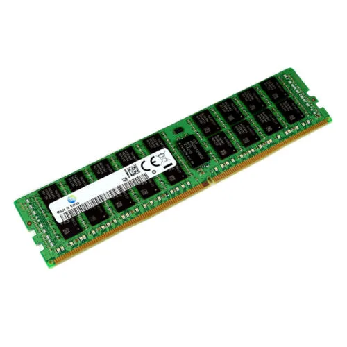 Green rectangular circuit board with black memory chips and gold edge connectors