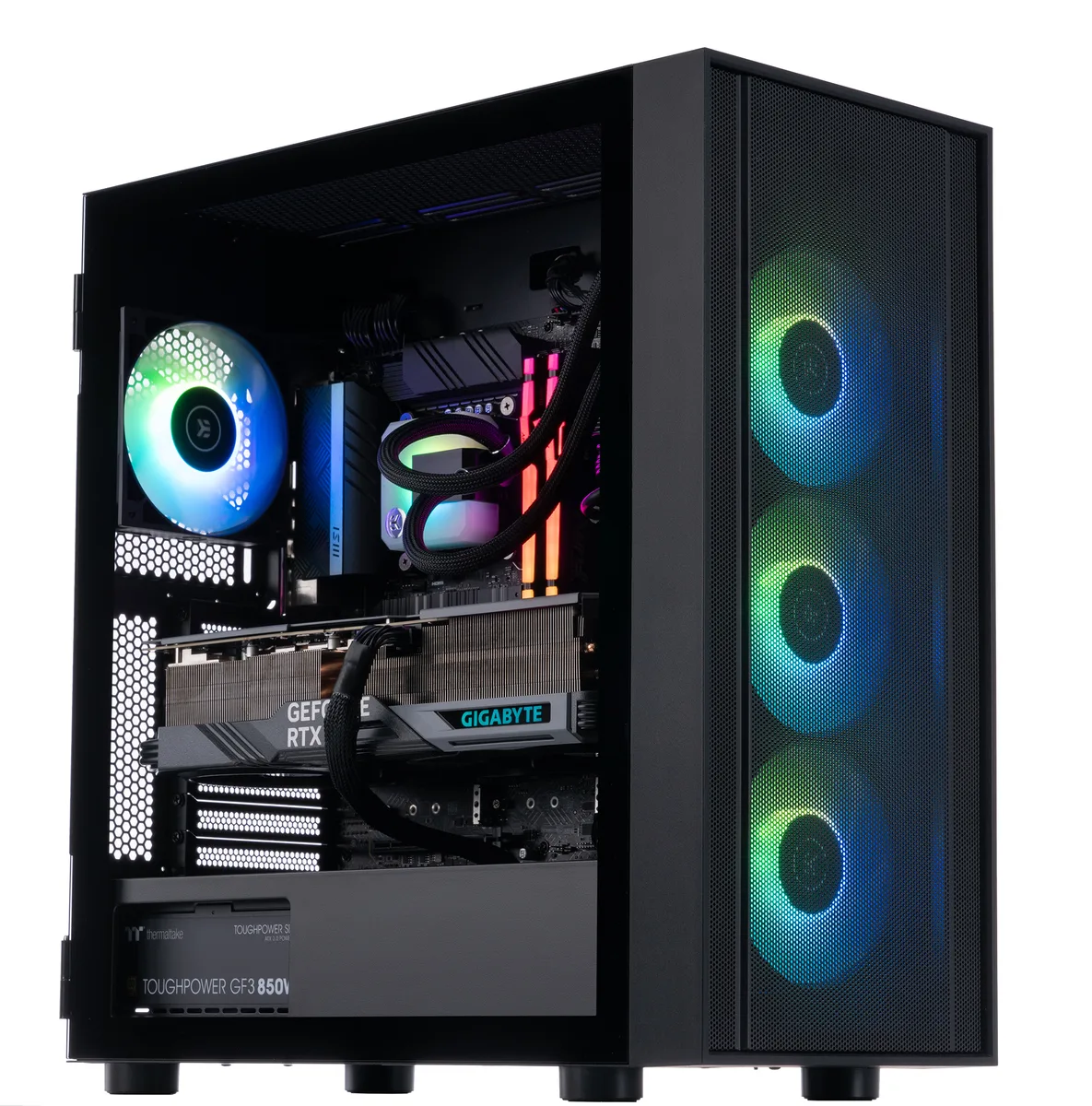 Black mid-tower gaming PC with RGB liquid cooling visible through glass side panel