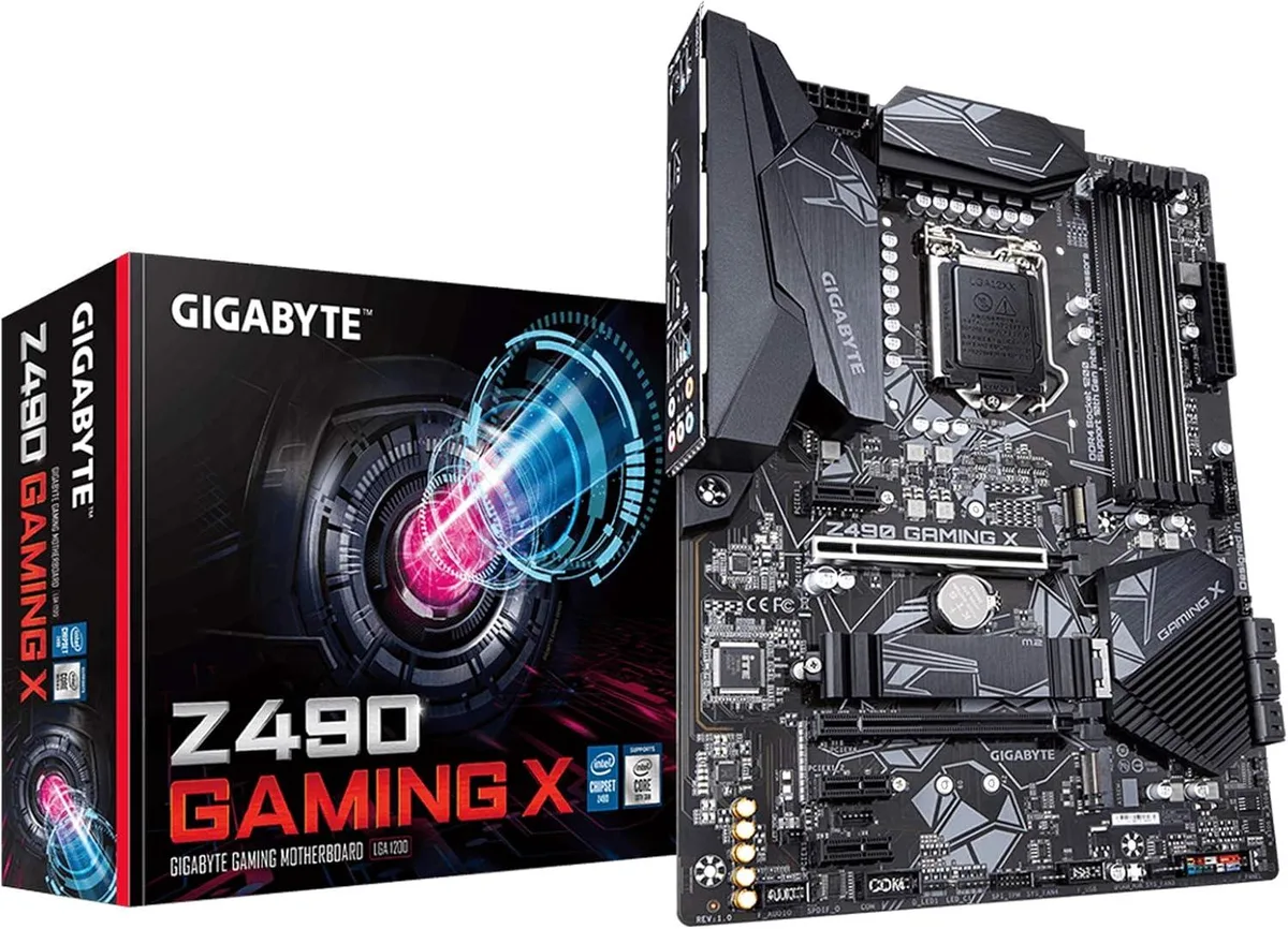 ATX motherboard, black PCB with grey heatsinks and silver slots