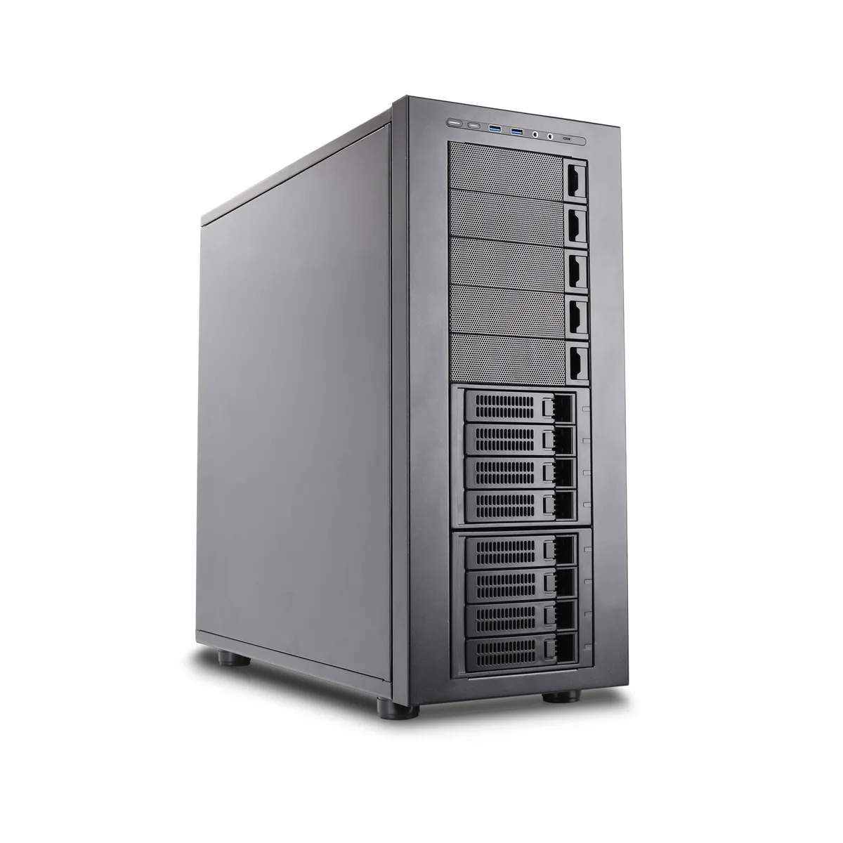 Full-tower server chassis with eight hot-swap drive bays and front panel controls