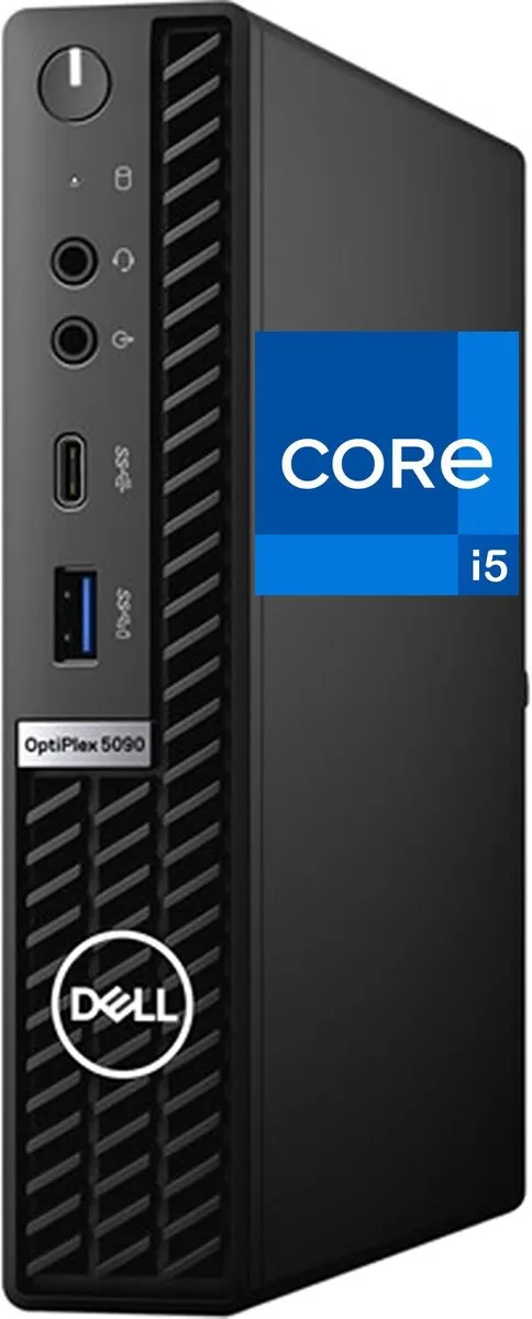 Compact black Dell OptiPlex 5090 Micro desktop with front USB-C and audio ports