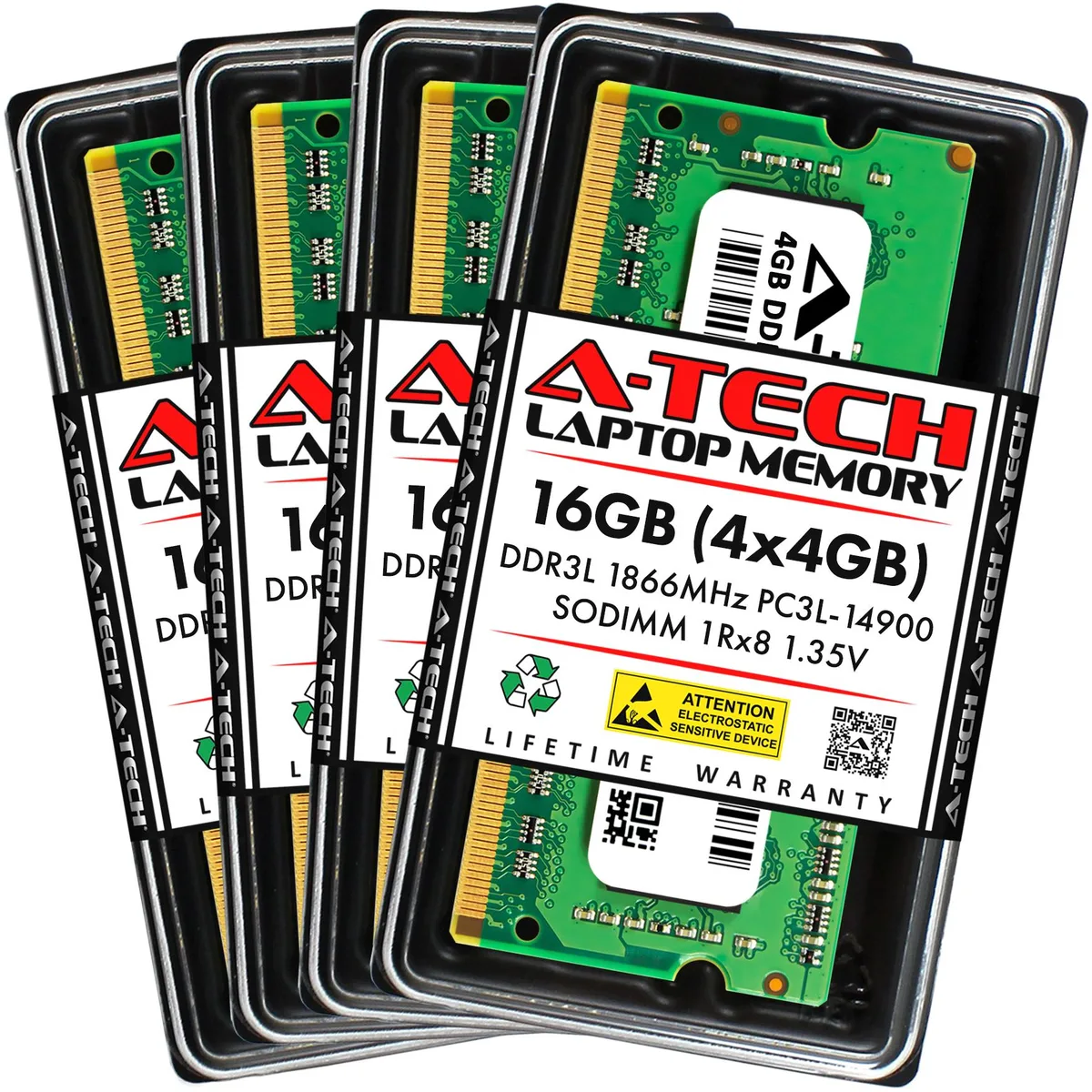 Four green 204-pin DDR3L SODIMM modules in static bags