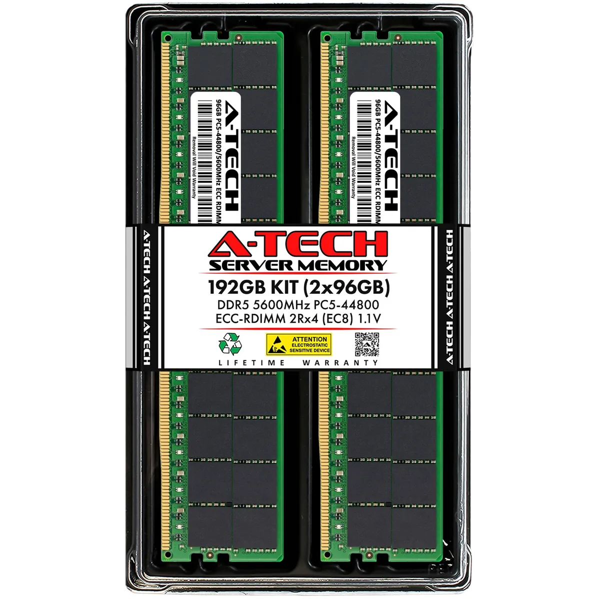 Two green DDR5 RDIMM modules, bare circuit boards with black chips, 288-pin gold contacts