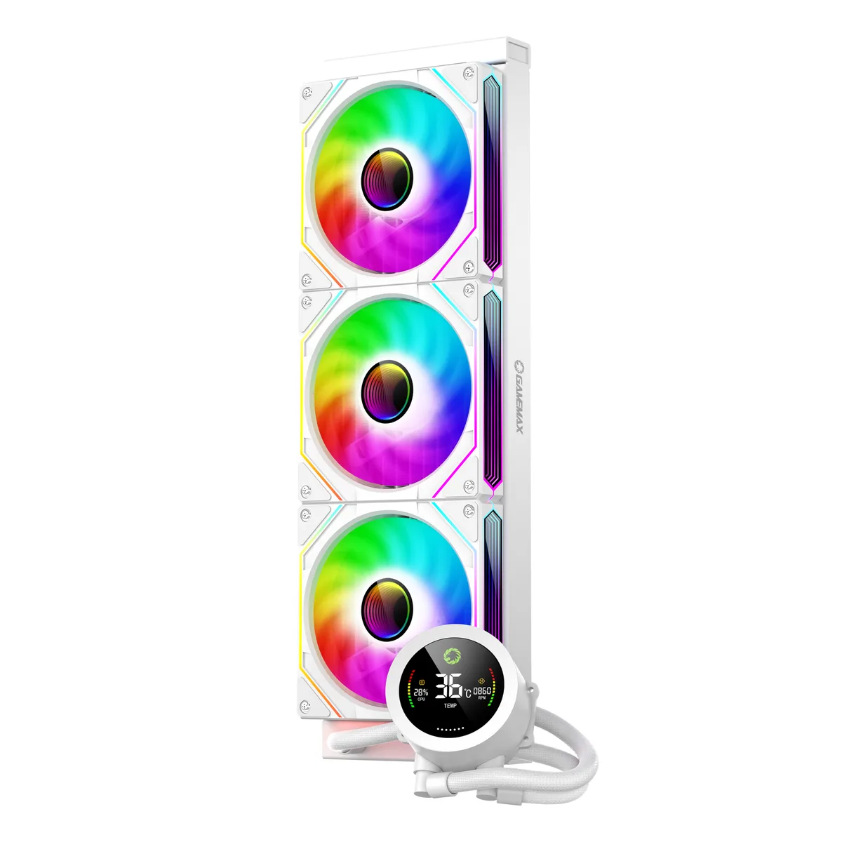 White 360 mm AIO radiator with three 120 mm ARGB fans and a round white pump block