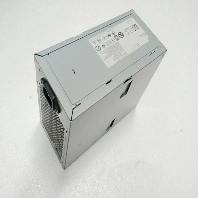 Rectangular metal power supply unit with cooling fan and cable connectors