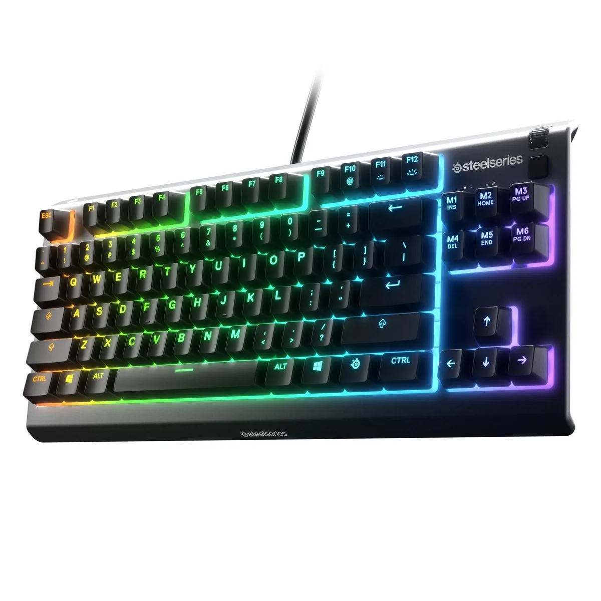 Black tenkeyless gaming keyboard with RGB lighting, compact rectangular shape, matte finish