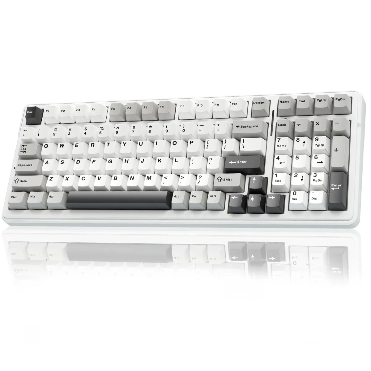 Black, grey and white compact 99-key mechanical keyboard with RGB backlighting, plastic frame, linear switches