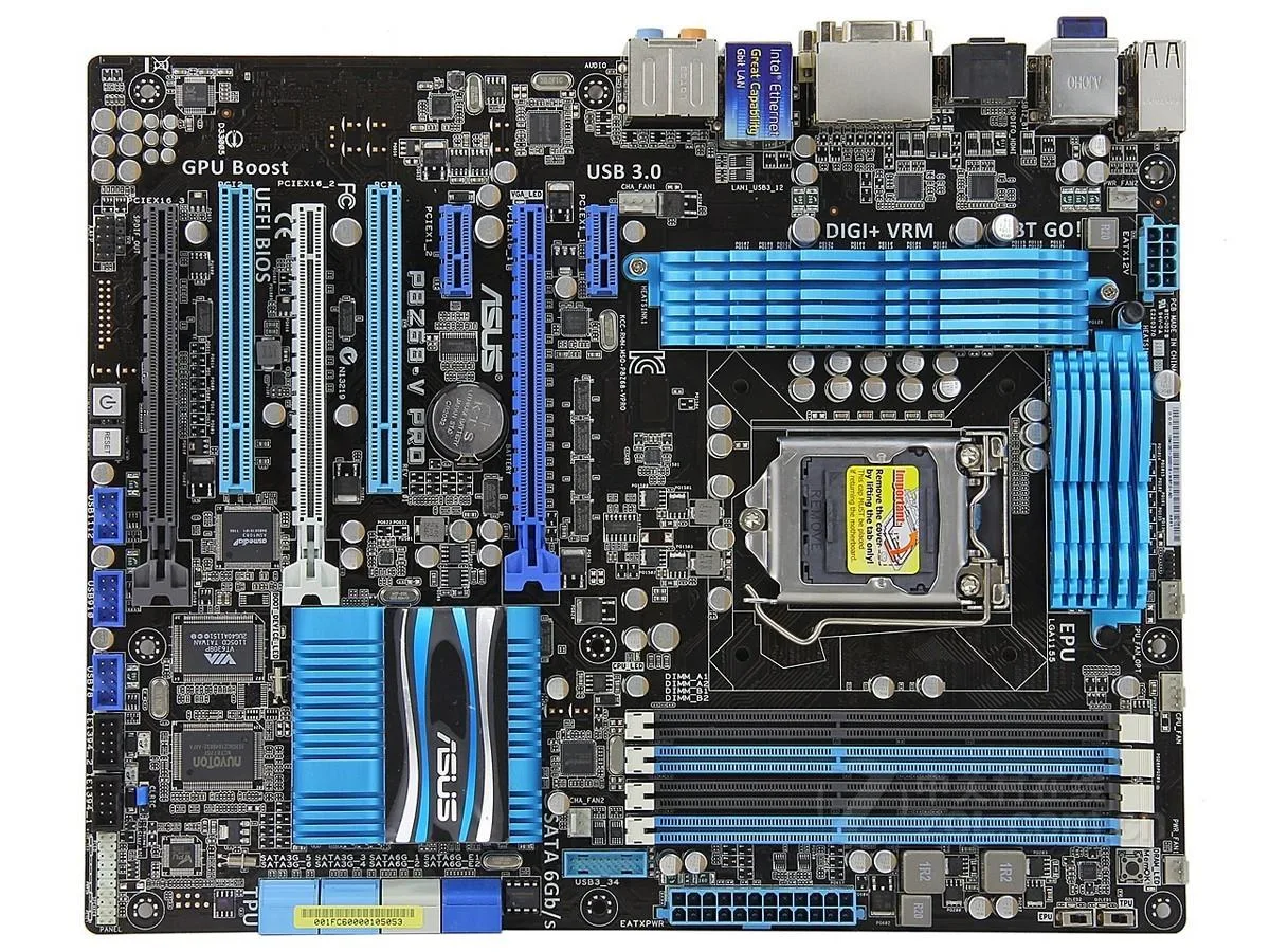 ATX motherboard with black PCB and silver heatsinks, LGA 1155 socket visible
