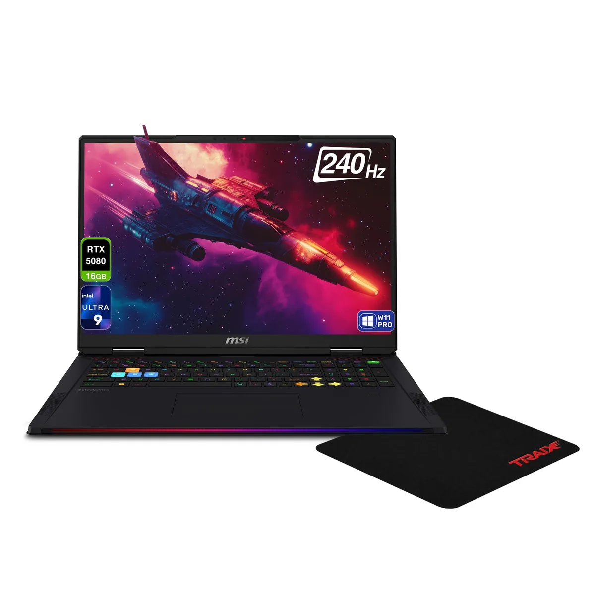 Eighteen-inch Core Black laptop with RGB keyboard and large trackpad