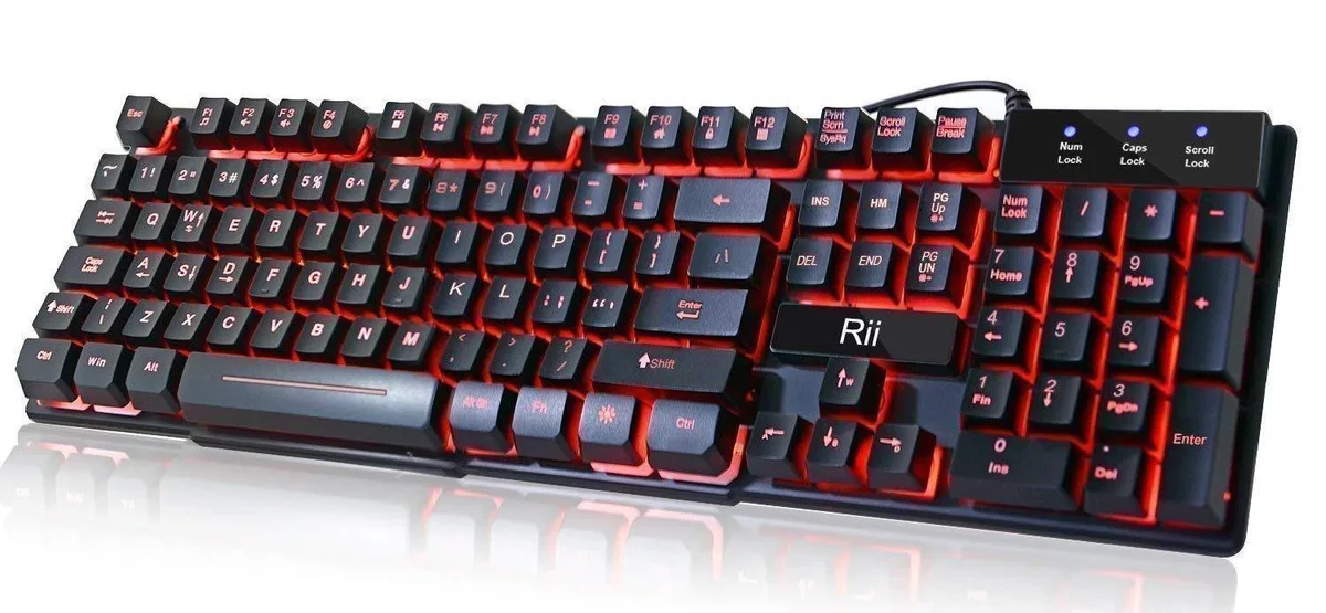 Black full-size wired keyboard with three-colour LED backlighting, 104 keys, ABS plastic finish