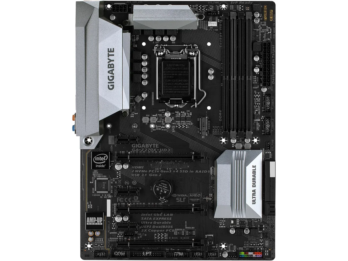 Green ATX motherboard with silver heatsinks, four DDR4 slots, single PCIe x16 slot, M.2 slot, six SATA ports