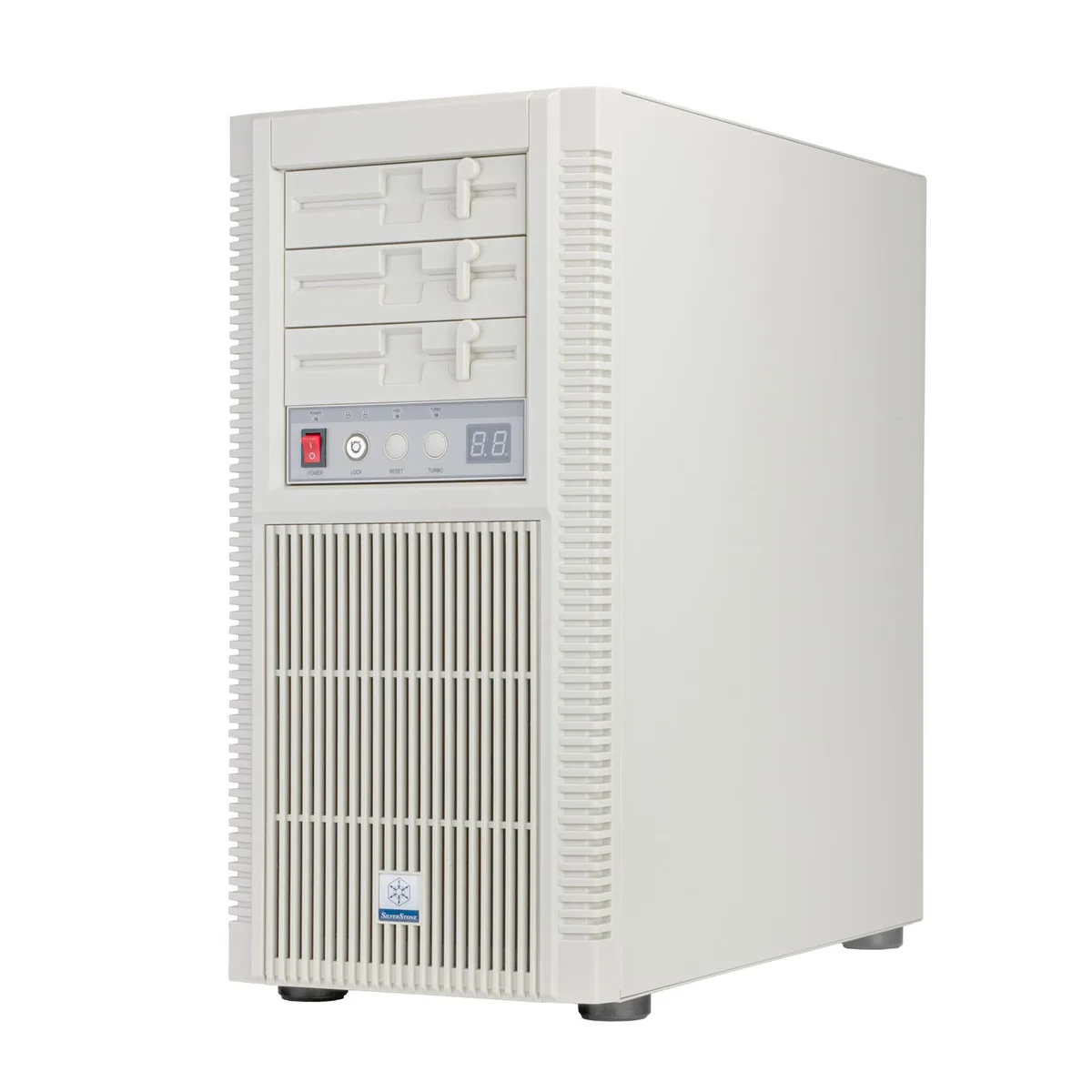 White ATX tower case with three 5.25 front bays, Turbo button, key lock, and top I/O ports