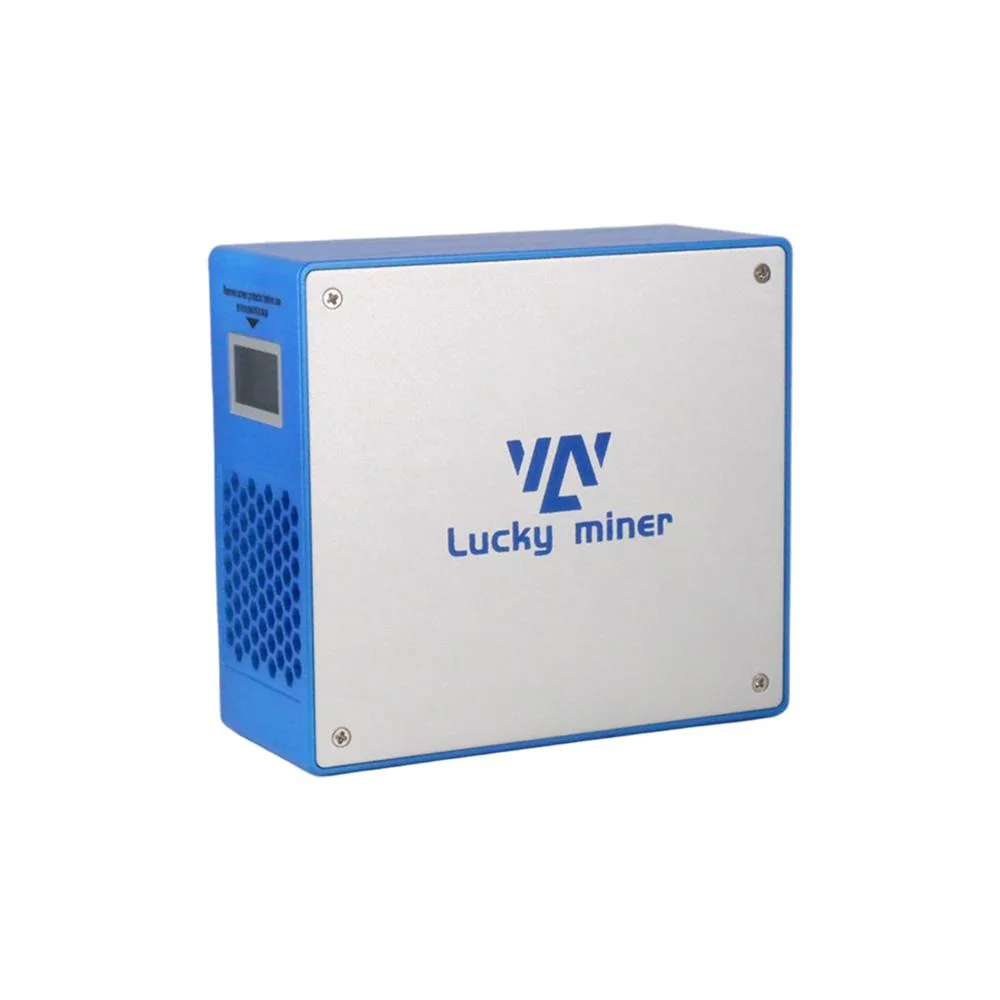 Small rectangular ASIC miner in dark casing with built-in power supply, 109 by 99 by 45 millimetres