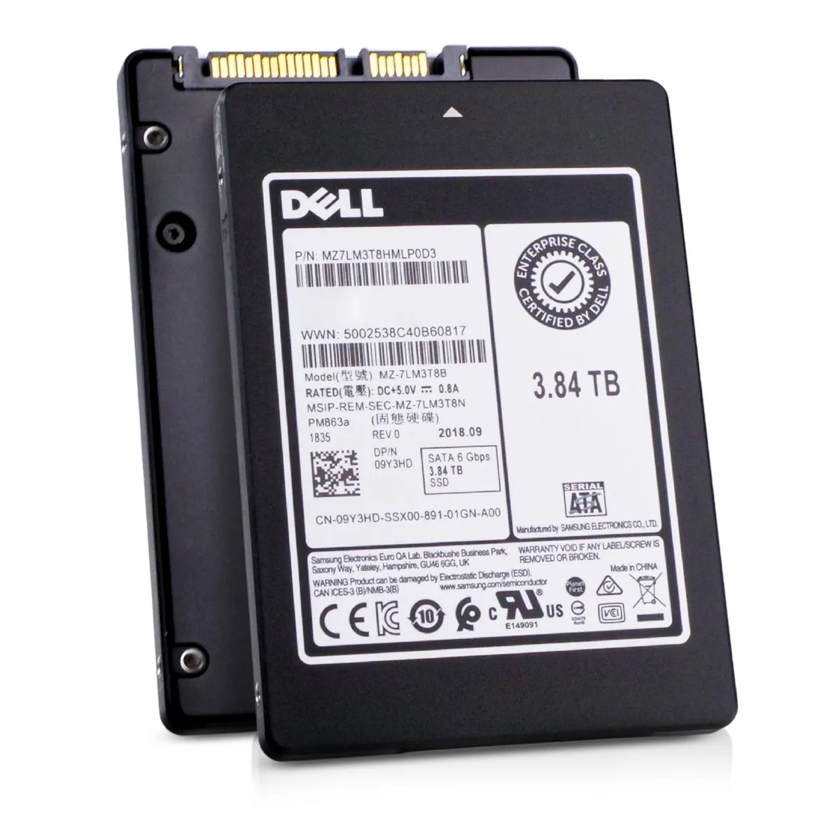 Silver 2.5 inch SATA SSD with Dell Samsung PM863a label