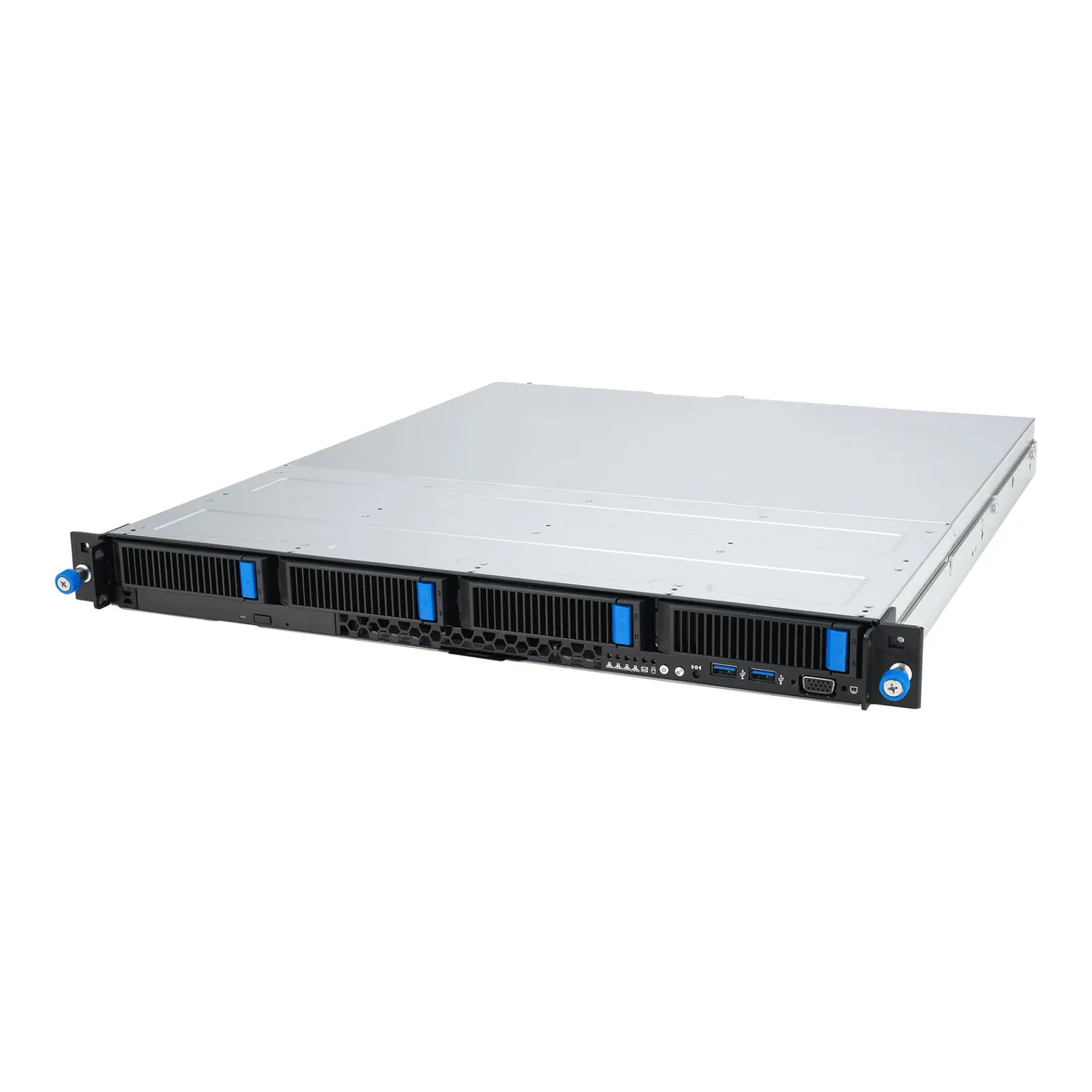 Silver 1U rack server with four front drive bays
