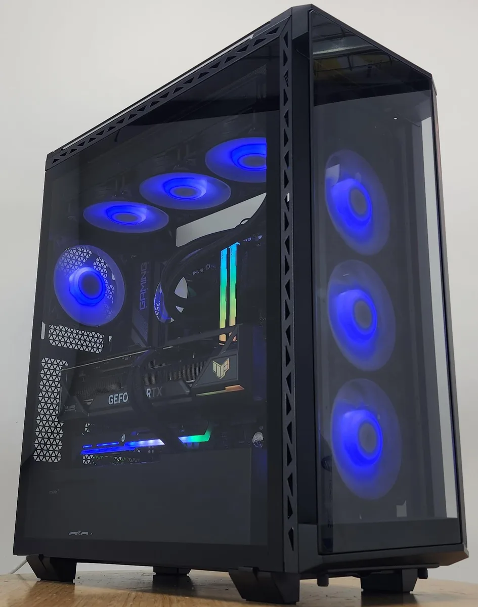 Black mid-tower case with 360mm AIO LCD screen and RGB lighting
