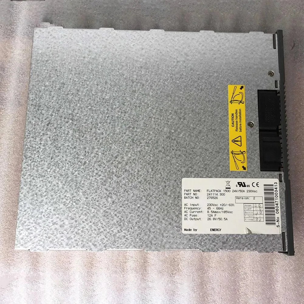 Rectangular silver metal power supply module with front label