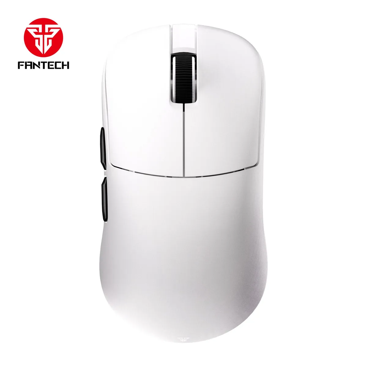 White ergonomic wireless gaming mouse, symmetrical shape, matte finish, six buttons, USB-C cable and receiver visible