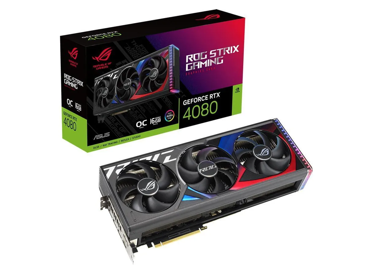 ASUS ROG Strix RTX 4080 graphics card, three axial fans, diecast shroud and vented backplate, 3.5-slot design