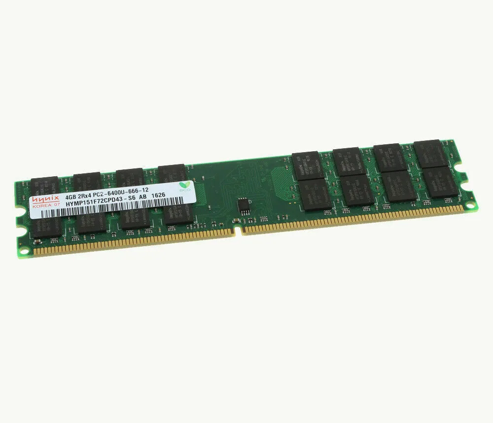 Green rectangular DDR2 DIMM with black chips and gold contacts