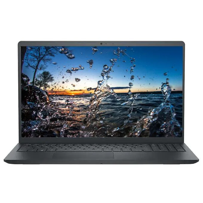 Black 15.6 inch touchscreen laptop, slim matte finish, silver keyboard deck, thin bezels, compact rectangular shape