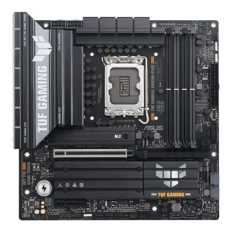 Dark green mATX motherboard with black heatsinks, reinforced memory slots, three covered M.2 slots, and stainless steel rear I/O shield