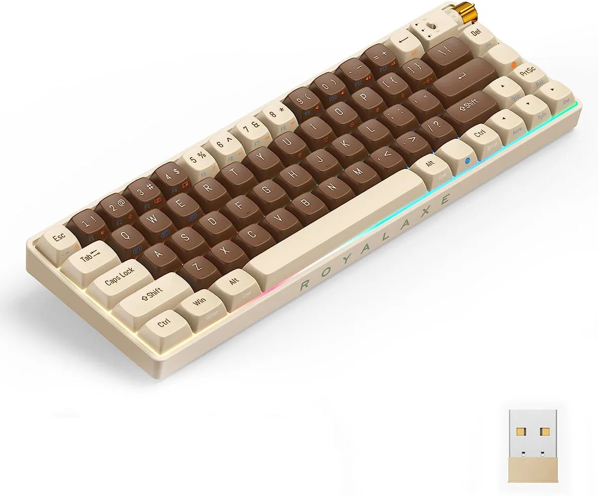 Compact 67-key TKL keyboard in lava brown with PBT keycaps and RGB lighting