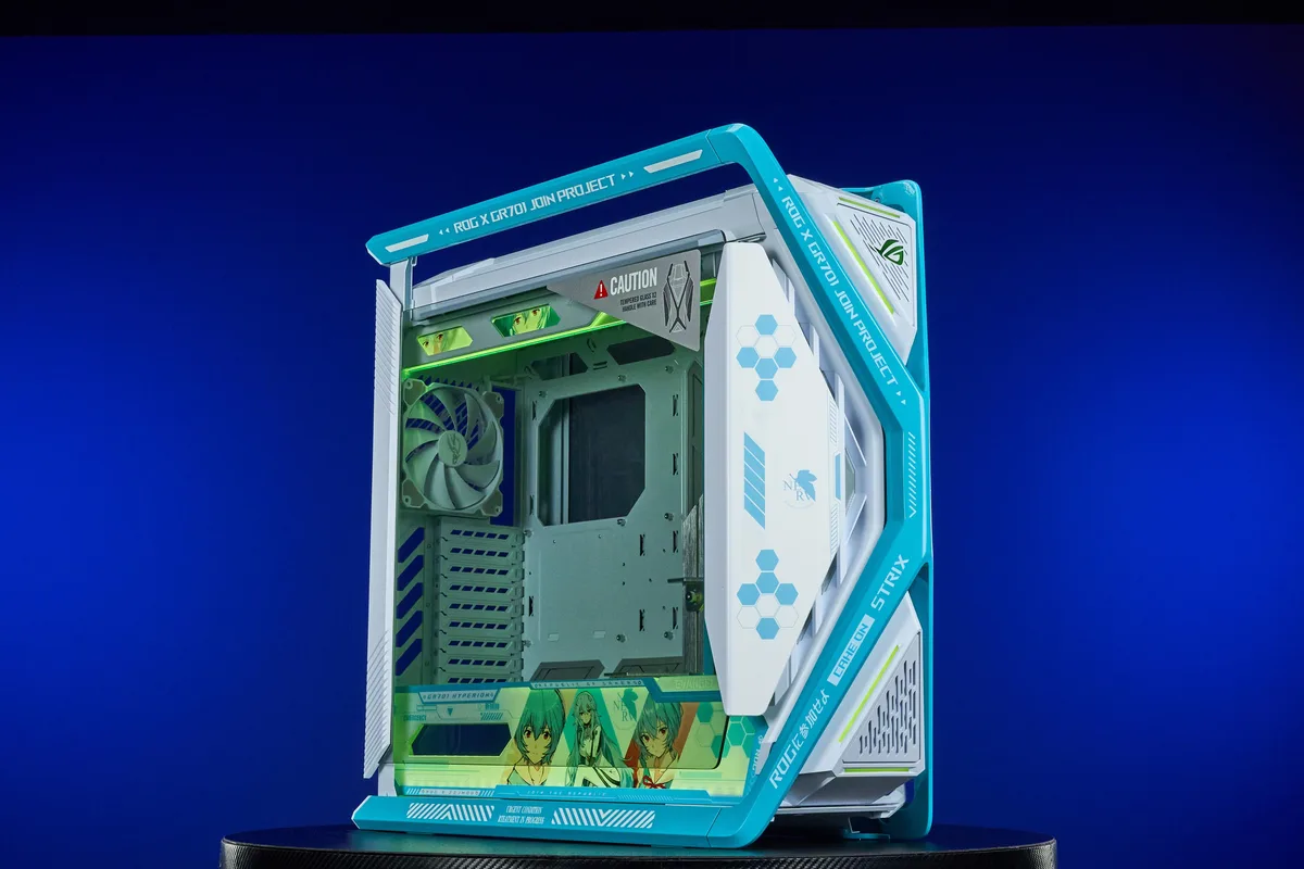 White full-tower case with dual tempered glass panels and Evangelion-themed UV print