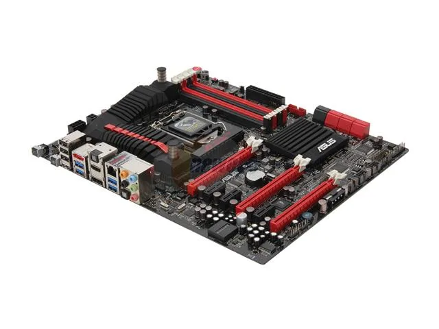 Extended ATX motherboard in black and red with copper heatpipe heatsink and water channel