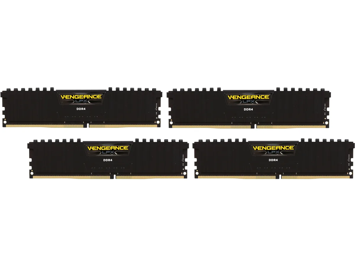 Four black low-profile DDR4 modules with anodized aluminium heatspreaders