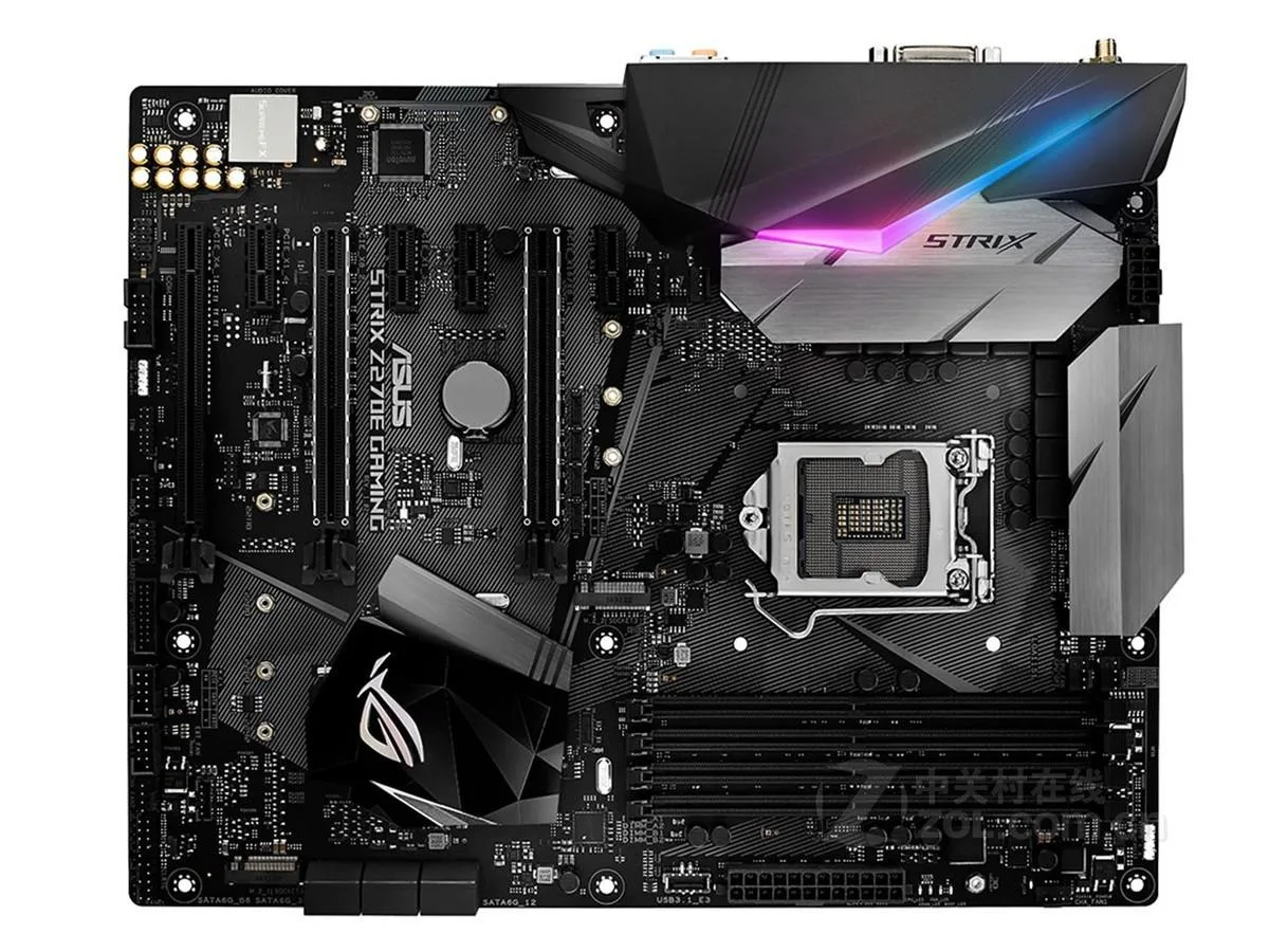 Black ATX motherboard with silver heatsinks and LGA 1151 socket