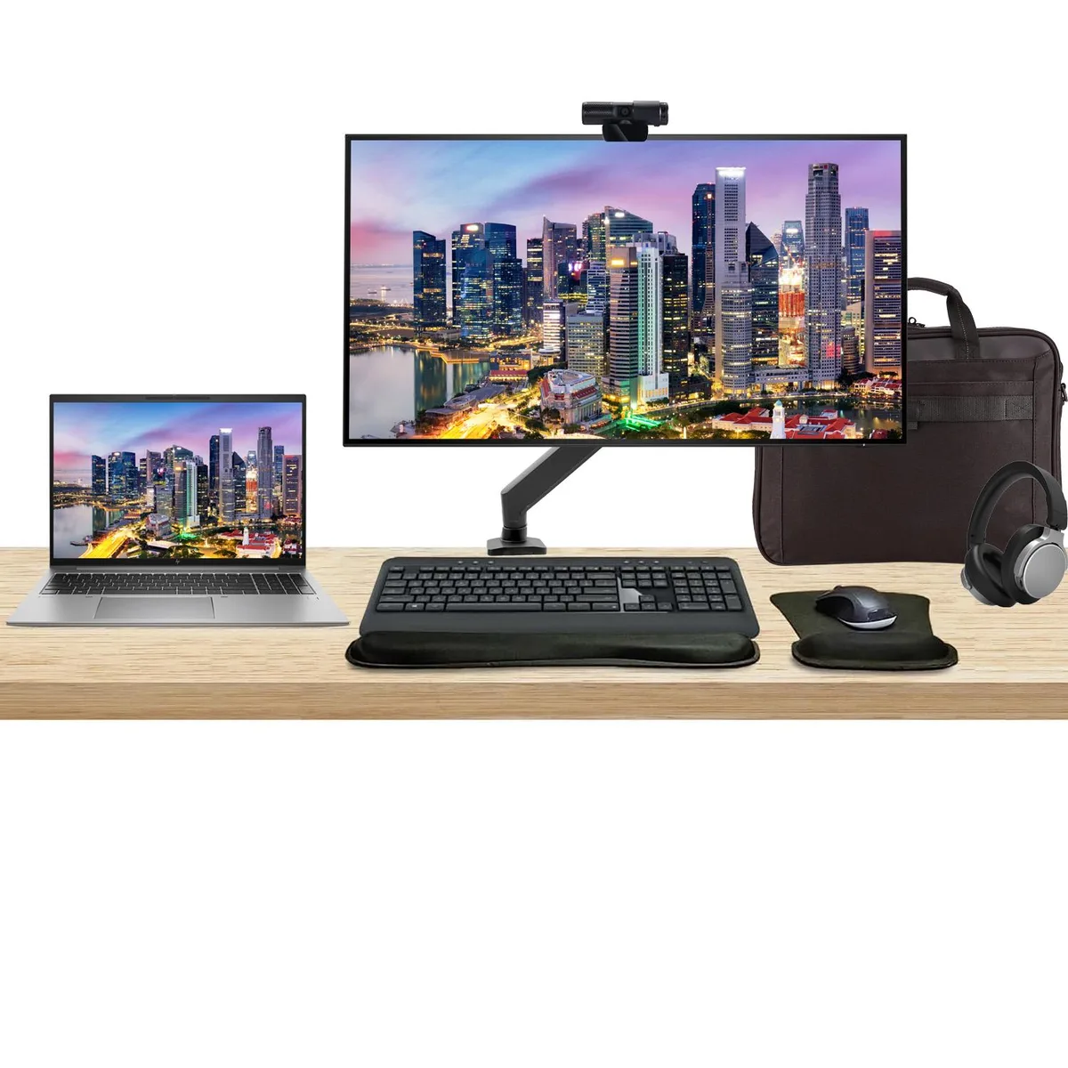 A 16 inch laptop and 32 inch 4K monitor bundle with keyboard, mouse, webcam, headphones, desk mount and briefcase
