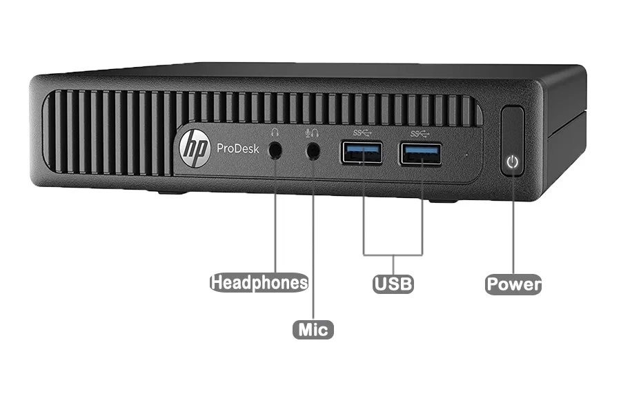 Compact black mini desktop tower with front ports visible