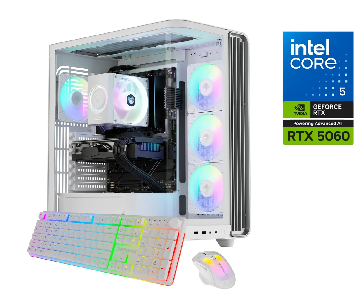 White mid-tower gaming PC with RGB lighting and glass side panel
