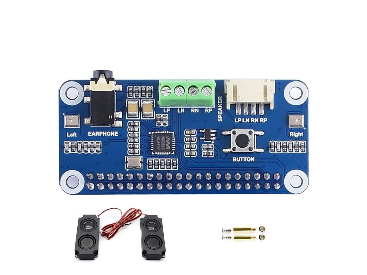 Green circuit board with 40-pin GPIO header, 3.5 mm jack, dual MEMS microphones and speaker terminals