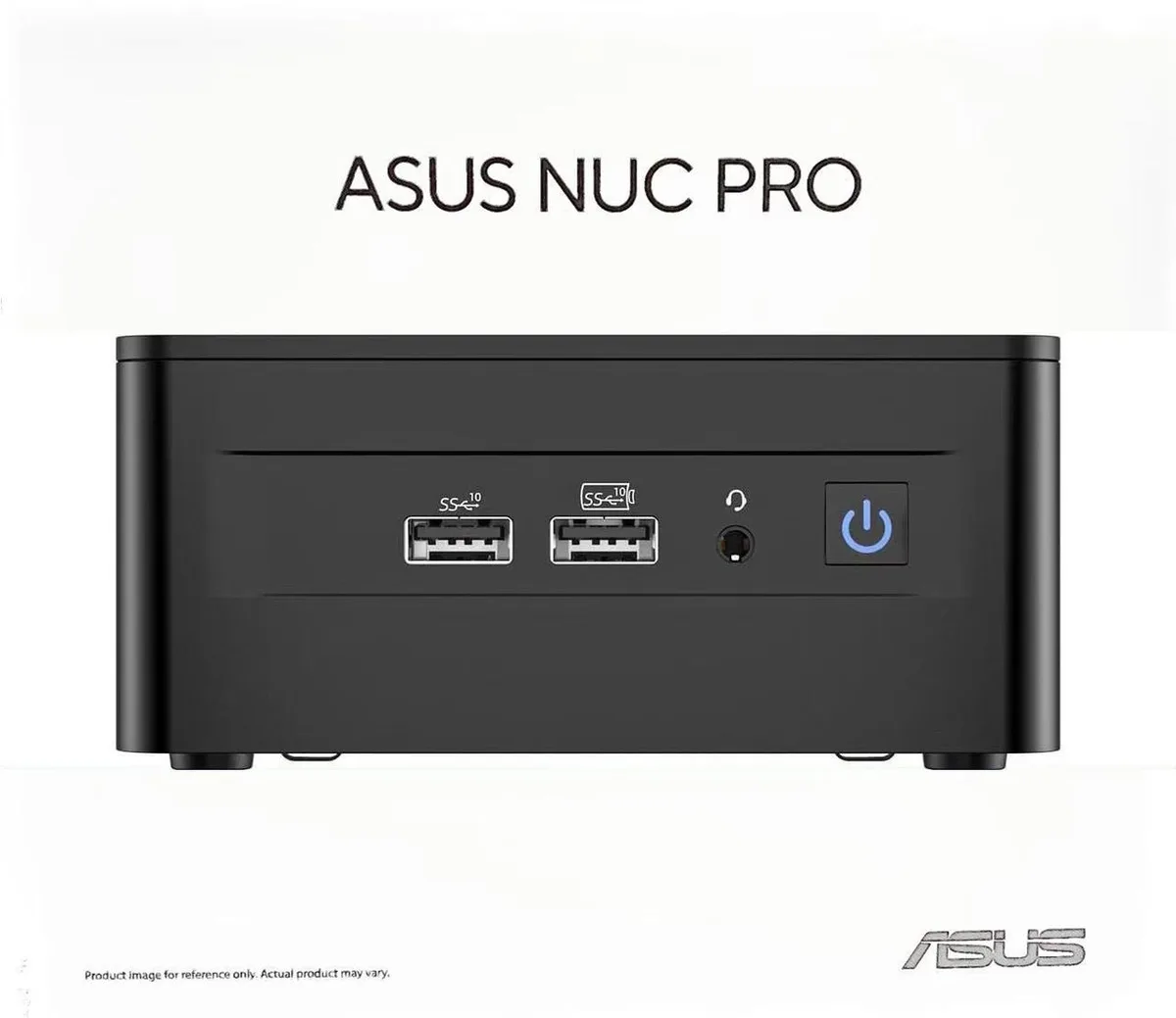 Small square black mini PC barebone unit with front ports visible