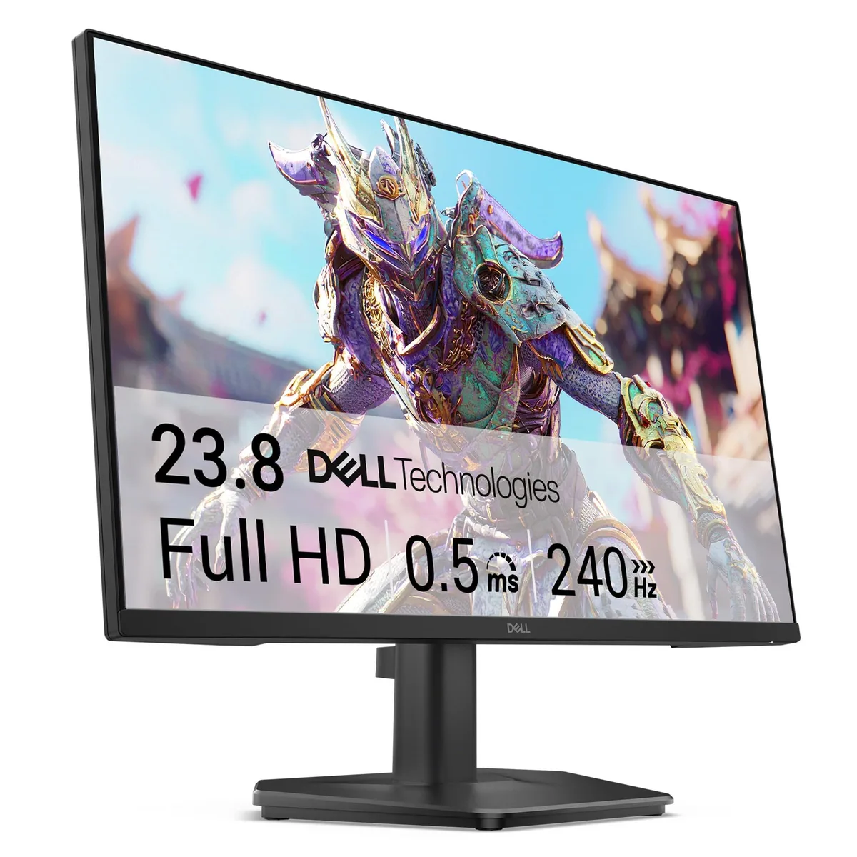 Black flat-panel monitor on a tilt stand with thin bezels and a rear joystick control