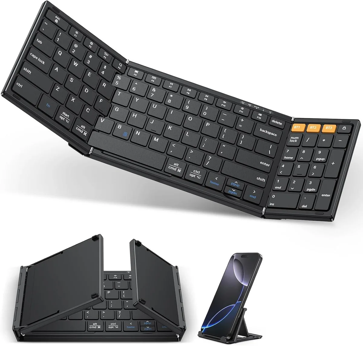 Foldable full-size Bluetooth keyboard with phone holder, dark finish