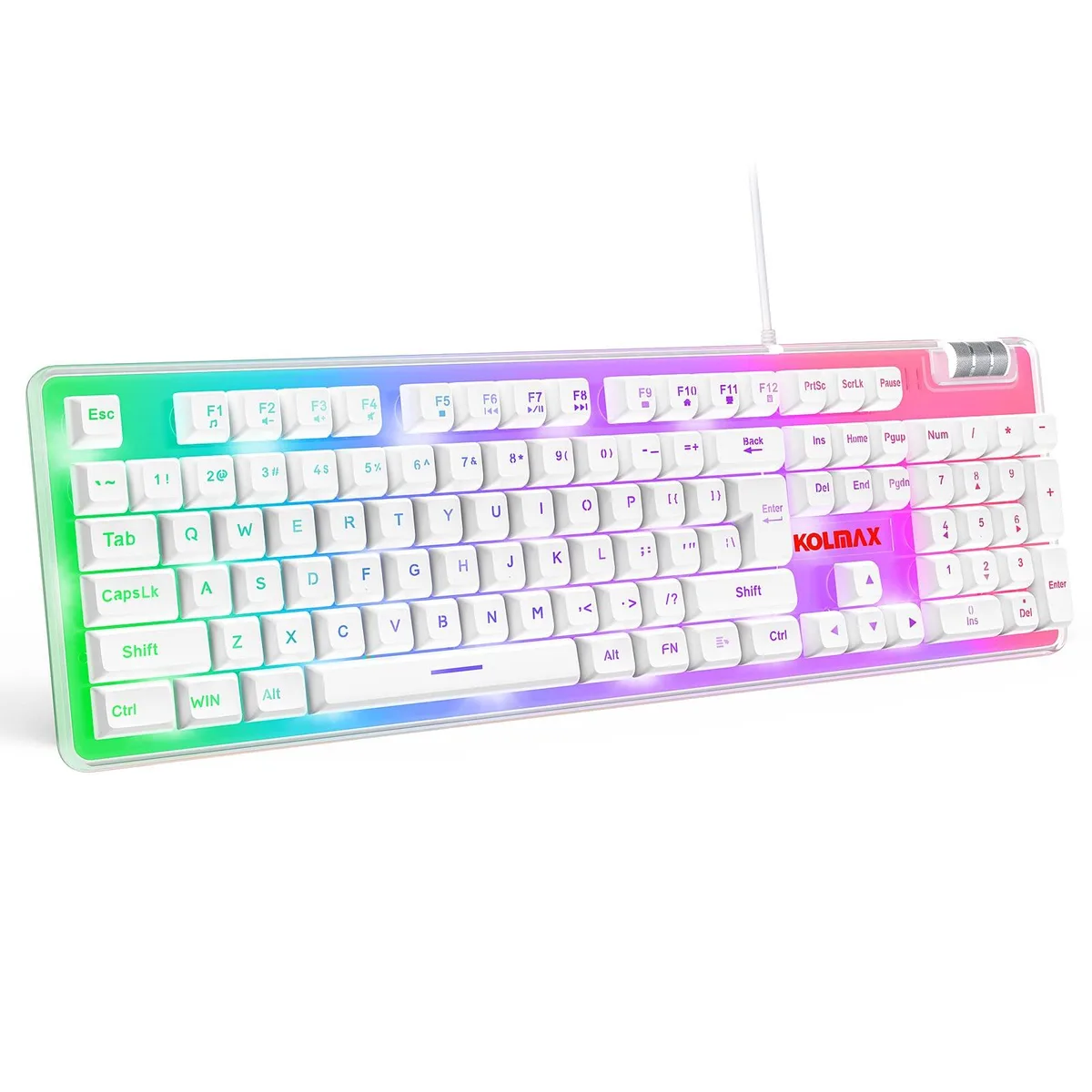 Transparent polycarbonate gaming keyboard with white PBT keycaps and a side scroll wheel