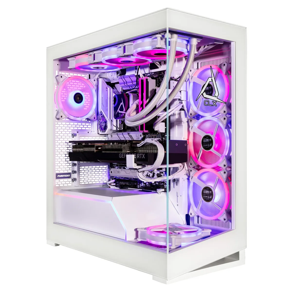 White mid-tower gaming PC with tempered glass side panel and RGB lighting
