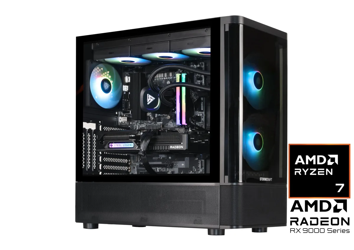 Mid-tower gaming PC in a curved-glass Skyhawk Pro case with RGB lighting