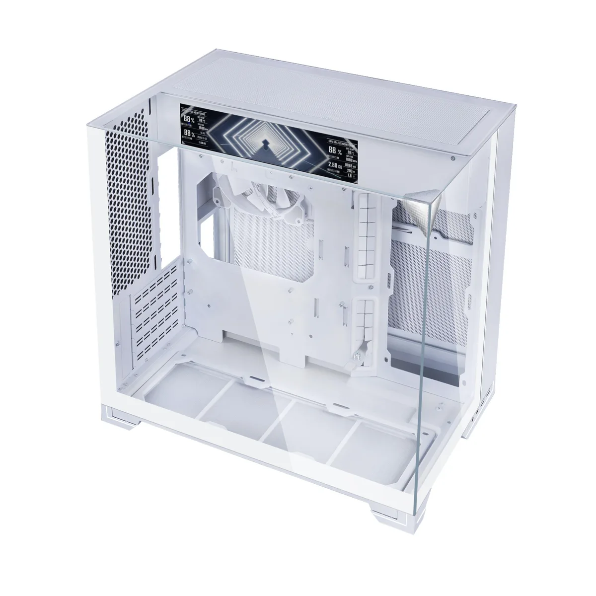 White mid-tower case with 9.2" LCD and three tempered glass panels