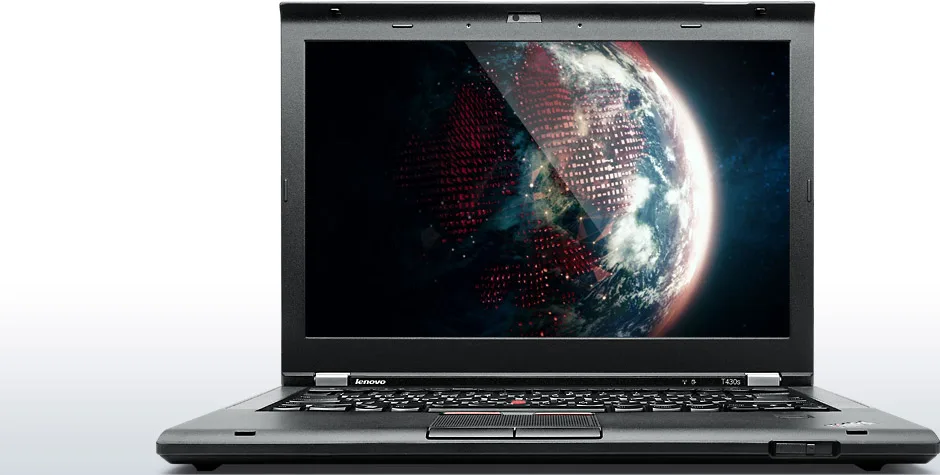 Black Lenovo ThinkPad T430s 14.1 inch laptop with matte finish and integrated webcam