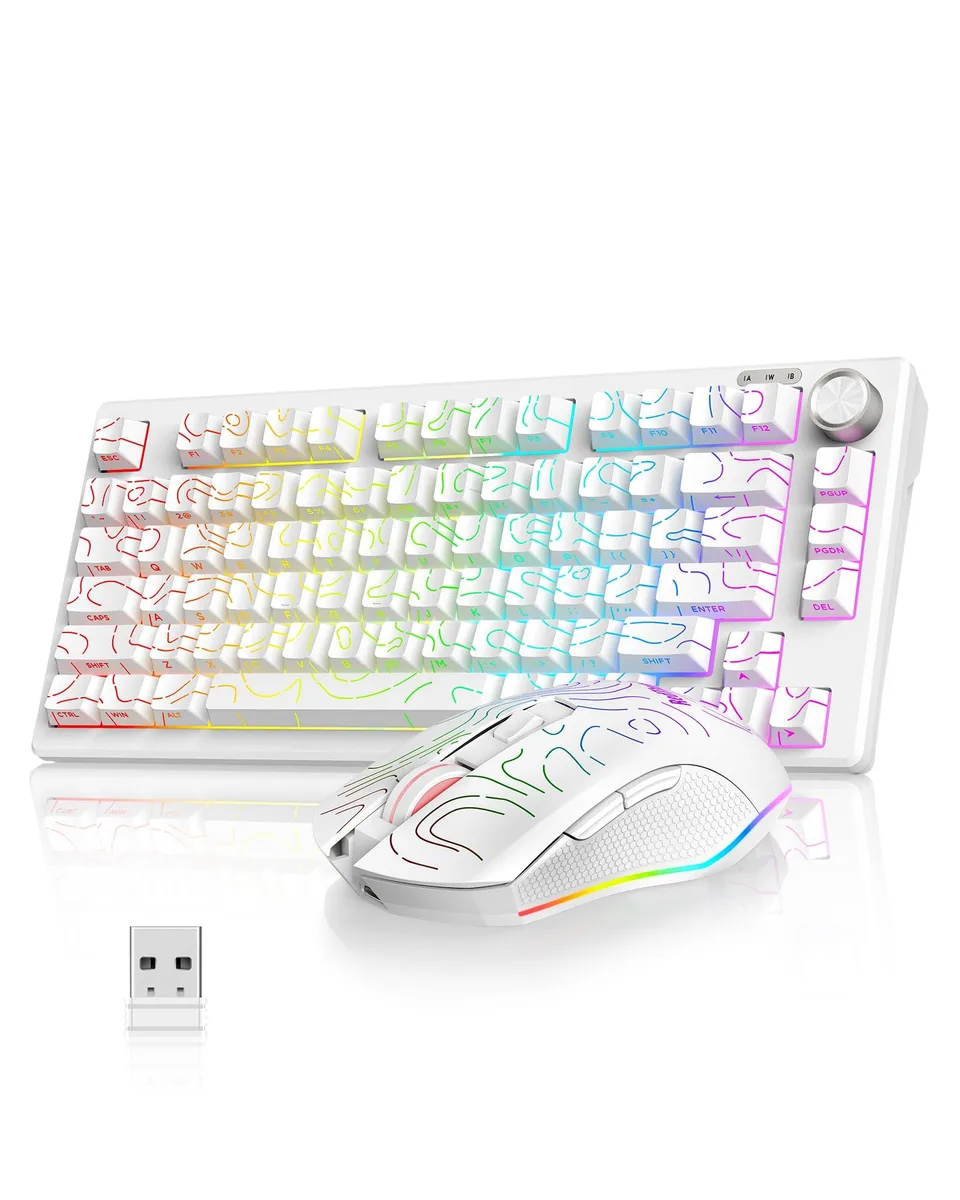 White 75 percent keyboard and mouse combo with RGB backlight and side engraved keys