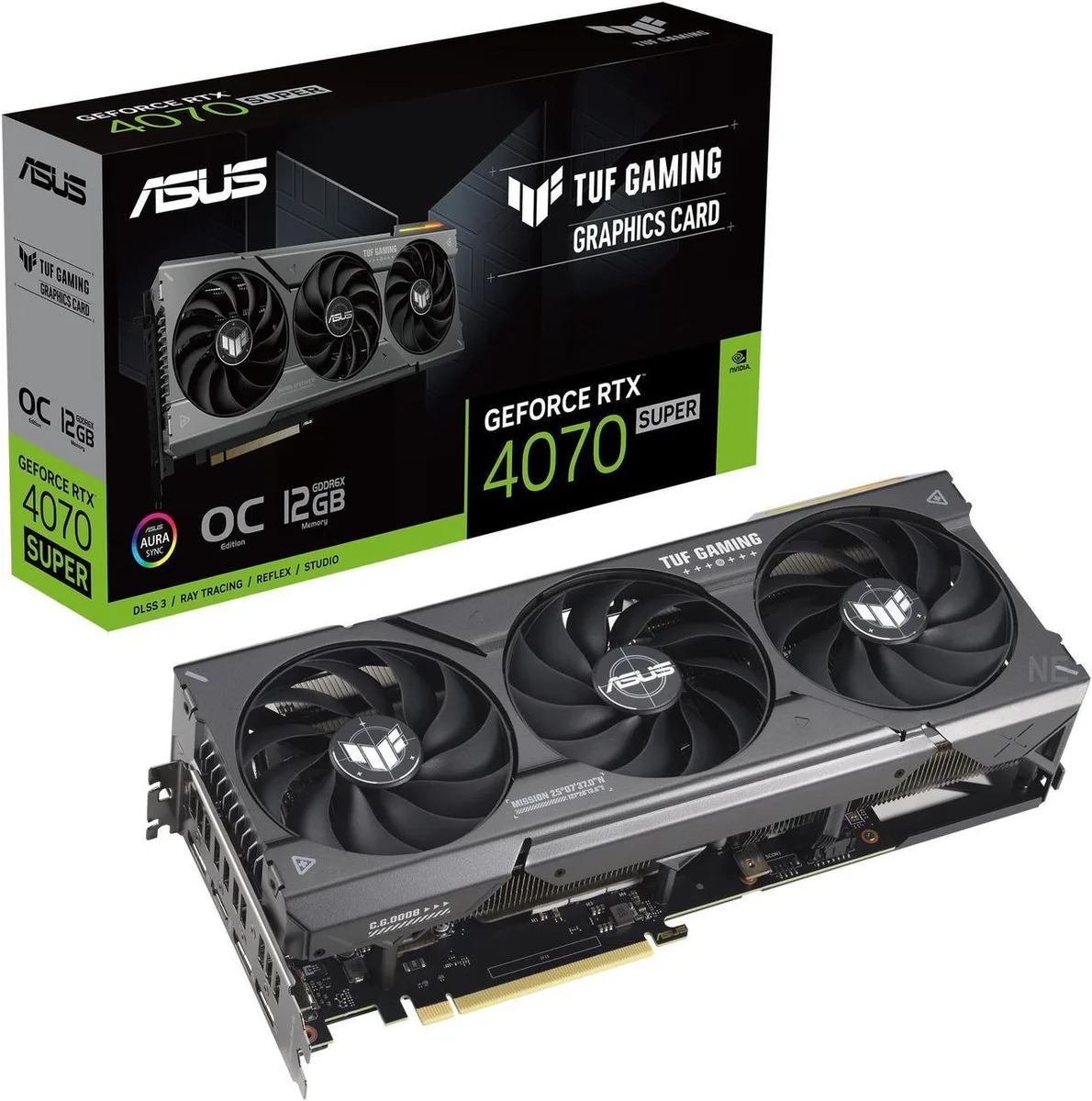 ASUS TUF Gaming RTX 4070 SUPER graphics card with three axial-tech fans and vented metal exoskeleton