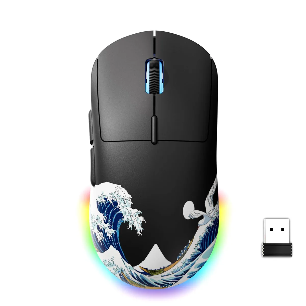 Black wireless gaming mouse, ergonomic shape, matte finish