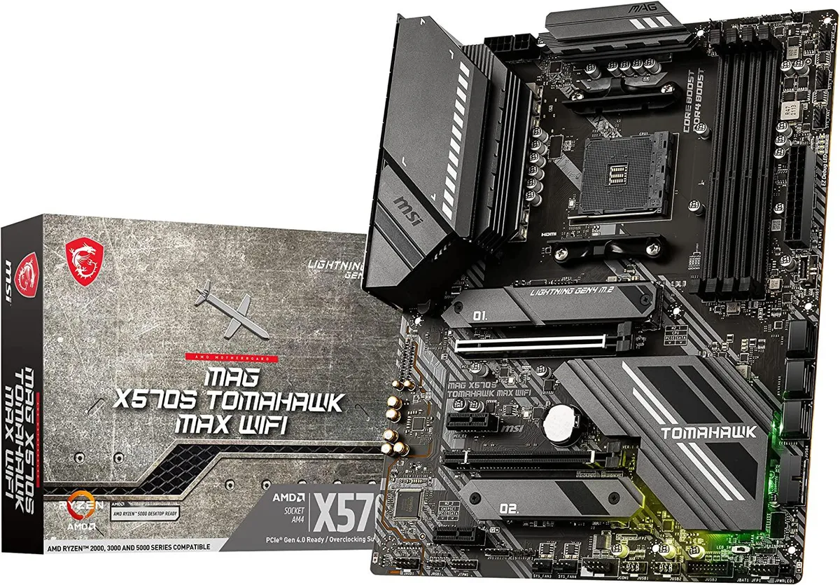 ATX motherboard in black with silver heatsinks and silver I/O shield